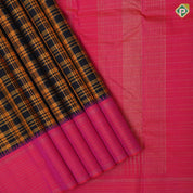 Black base orange and silver gold zari chennai checks design reddish pink silver gold zari lines border traditional silk saree