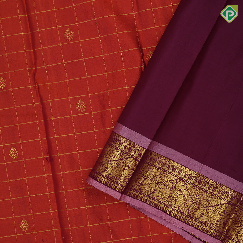 Rust Orange Gold Zari Checked Flower Motif Magenta Peacock Border Design Traditional Silk Saree