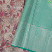 Brick orange multi color birds in forest inspired tissue contrast green silver gold zari diamond border trendy silk saree