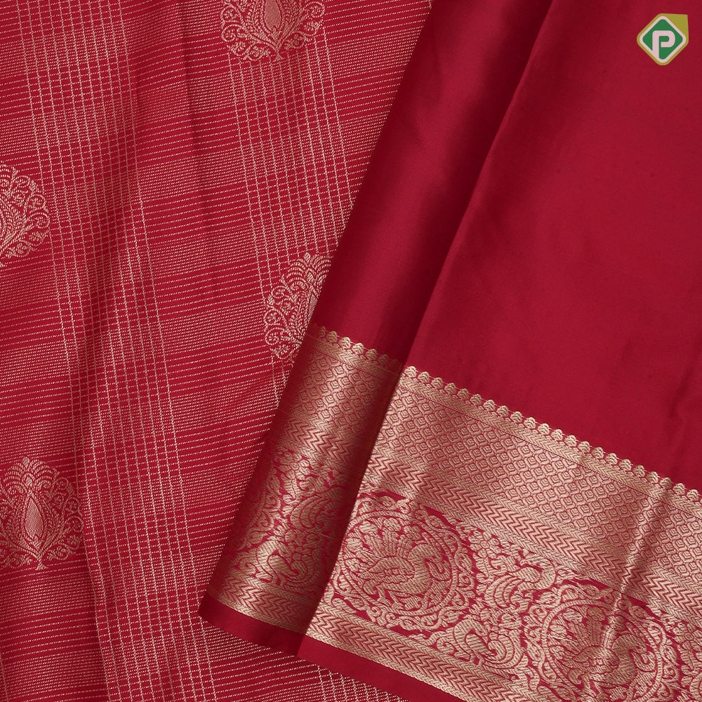 Cherry red gold zari micro checks and butta self gold zari peacock butta border Art silk saree