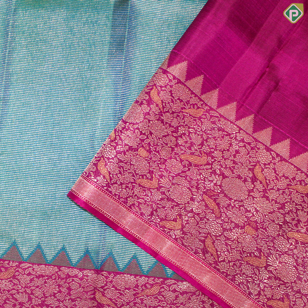 Peacock Green Gold Zari With Pink Color Flower And Birds Design Traditional Silk Saree