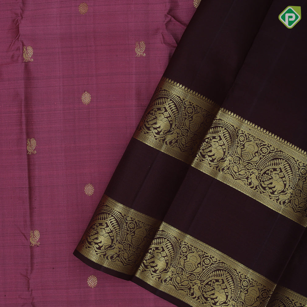 Dark Onion Gold Zari Peacock Chagaram Butta Design Coffee Brown Vanasingaram Border Design Traditional Silk Saree