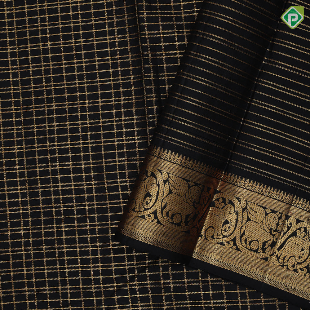 Black colour Gold Zari Checked Design Self Colour Elephant Horse Floral Border Design Luxury Black Silk Saree