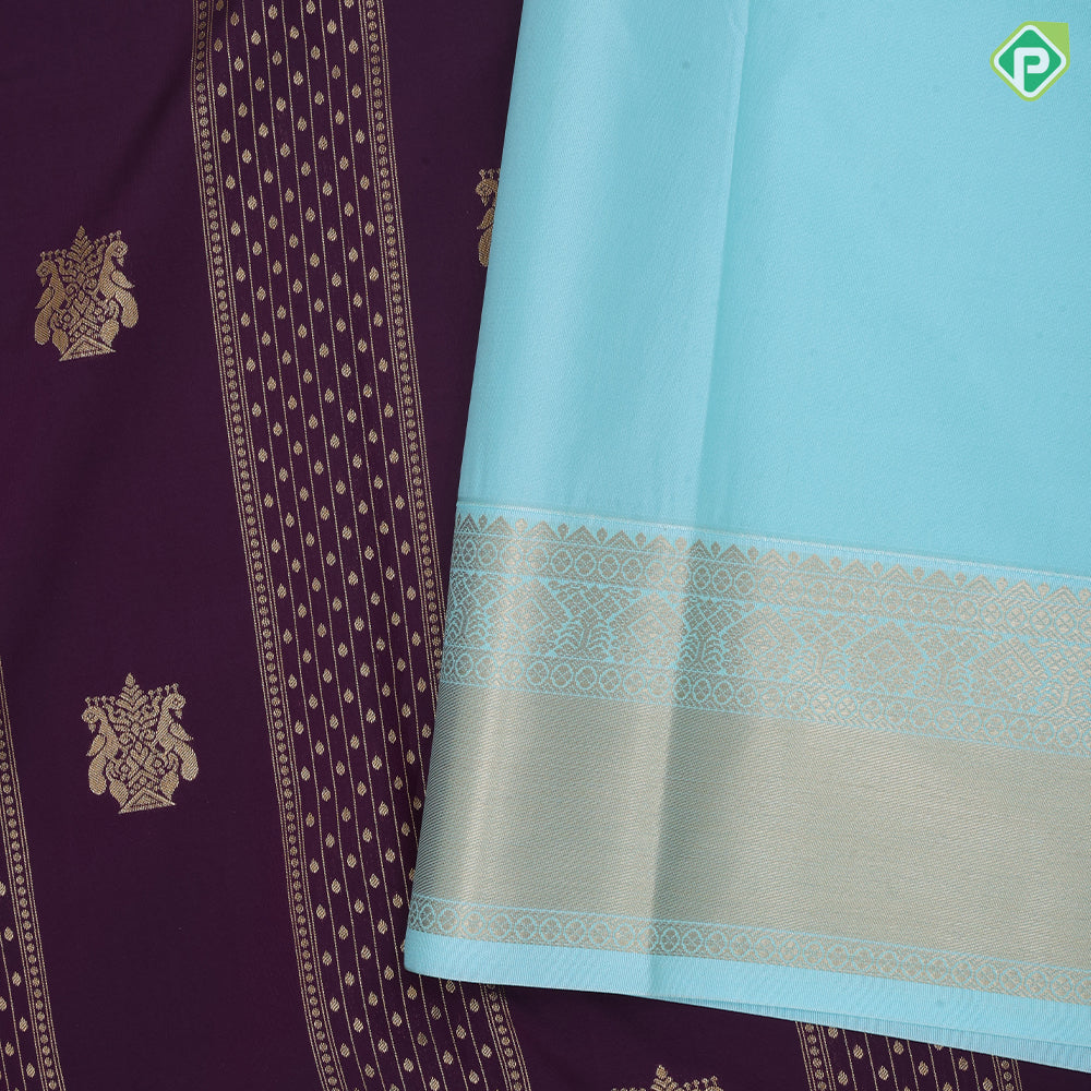 Violet gold zari peacock kalasam butta design turquoise gold zari bavanji border art silk saree