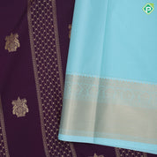 Violet gold zari peacock kalasam butta design turquoise gold zari bavanji border art silk saree