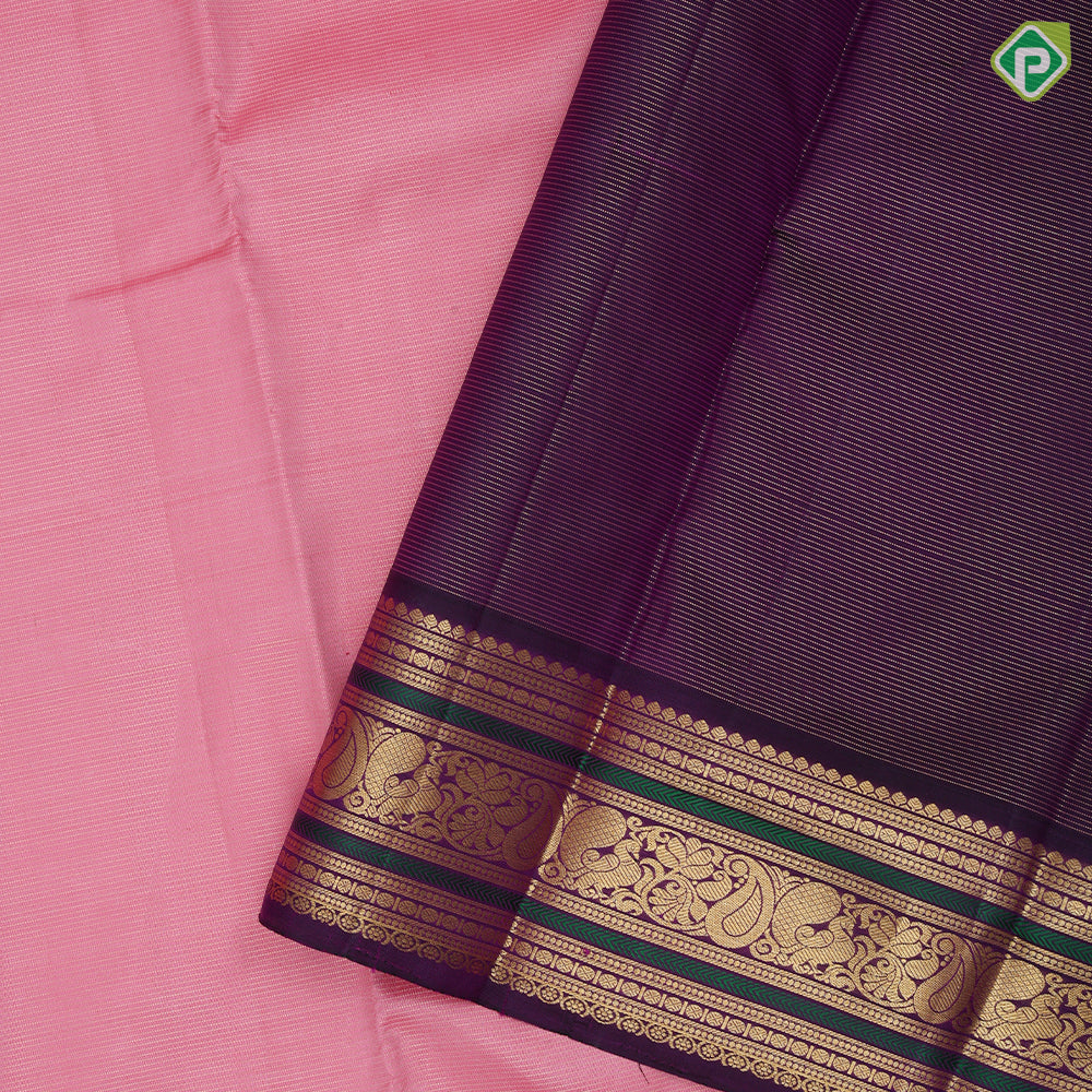 pale pink gold zari mild vairaoosi lines dark purple gold zari peacock mango butta thread work border traditional silk saree