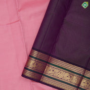 pale pink gold zari mild vairaoosi lines dark purple gold zari peacock mango butta thread work border traditional silk saree