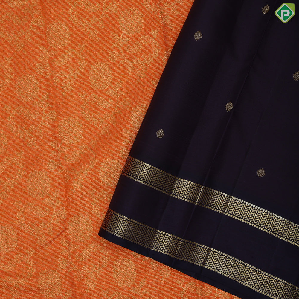 Dark orange gold zari grand flower design grape brown gold zari double line border exclusive bridal silk saree