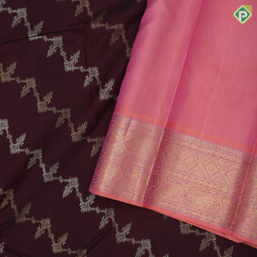 Brown Colour Gold Silver Zari Floral Design Baby Pink Peacock Border Design Trending Fancy Silk Saree