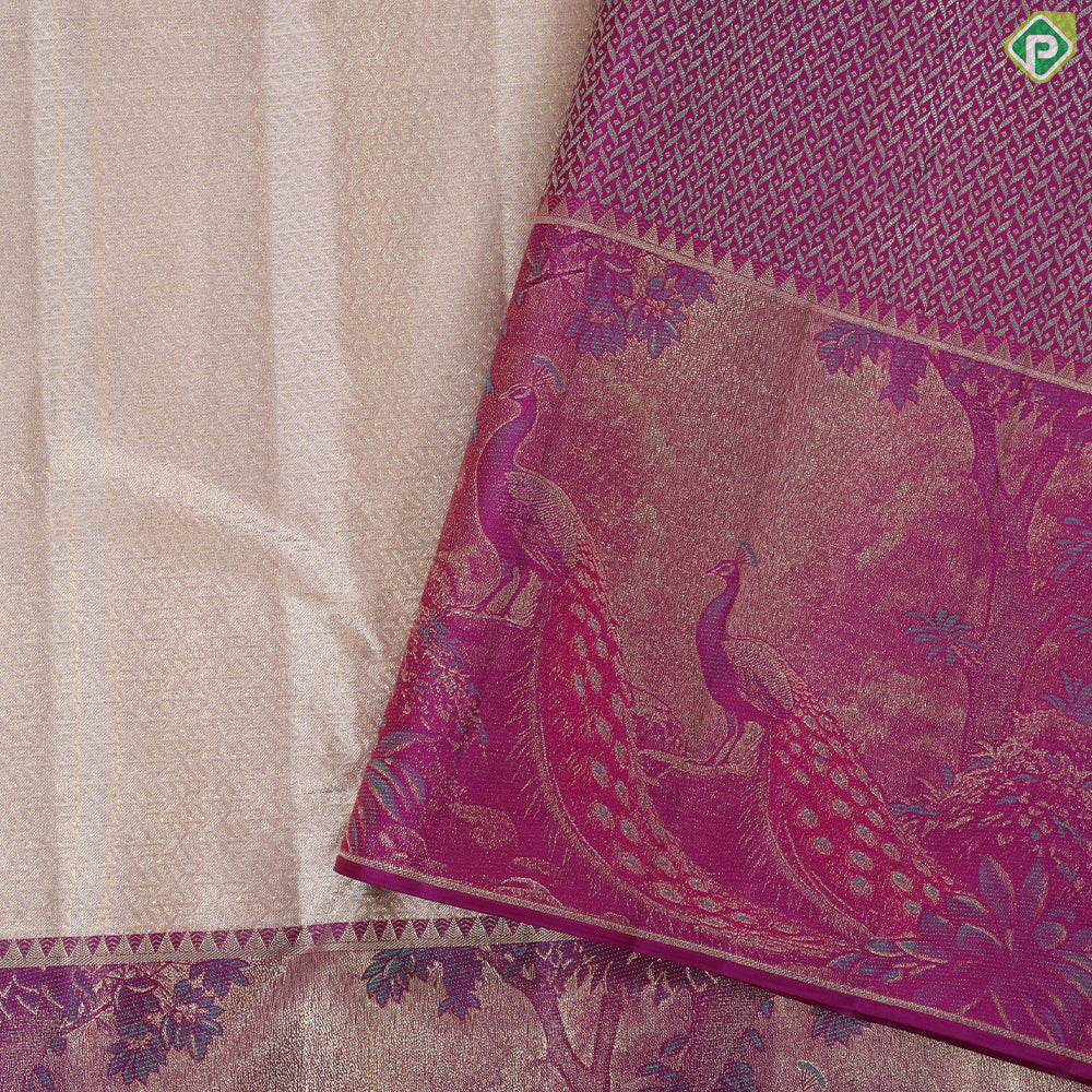 Pista green gold zari zig zag crystal design purple peacock under tree art effect trendy tissue silk saree