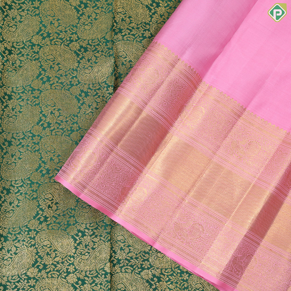 Dark green mango butta contrast light pink with gold zari mid bavanji border grand brocade bridal silk saree