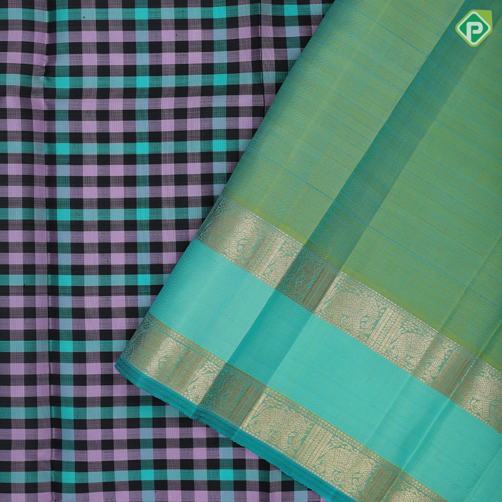Multi color paalum pazhamum checks dual green green gold zari retta pett border traditional silk saree