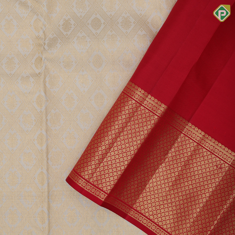 Cream White Gold Zari Peacock Charam Gandaberunda Design Chilly Red Ruthracham Leaf Border Design Wedding Silk Saree