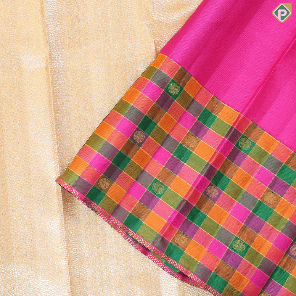 Creamy gold zari by zari weaved design multi colour checks border Traditional silk saree