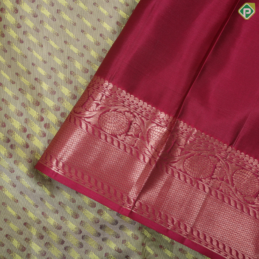 Marble blue pink combined cross bars design pink copper zari rangoli border trendy silk saree