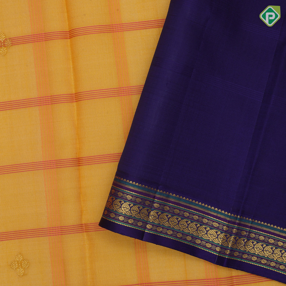 Mustard Yellow Gold Zari Lion And Flower Design Violet Mango Ruthracham Border Design Traditional Silk Saree
