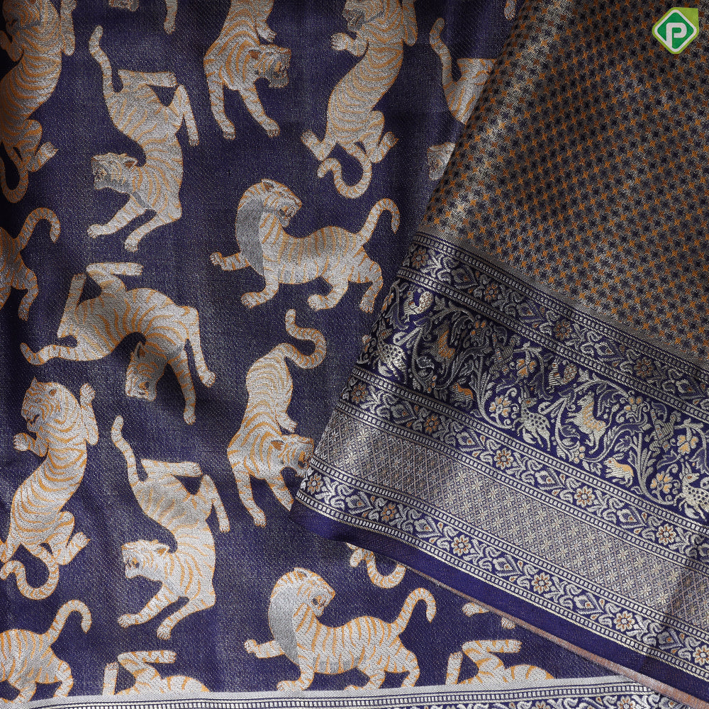 Indigo Blue With Grey And Tiger Orange Tiger Butta Design Self Colour Pythonic Border Exclusive Bridal Silk Saree