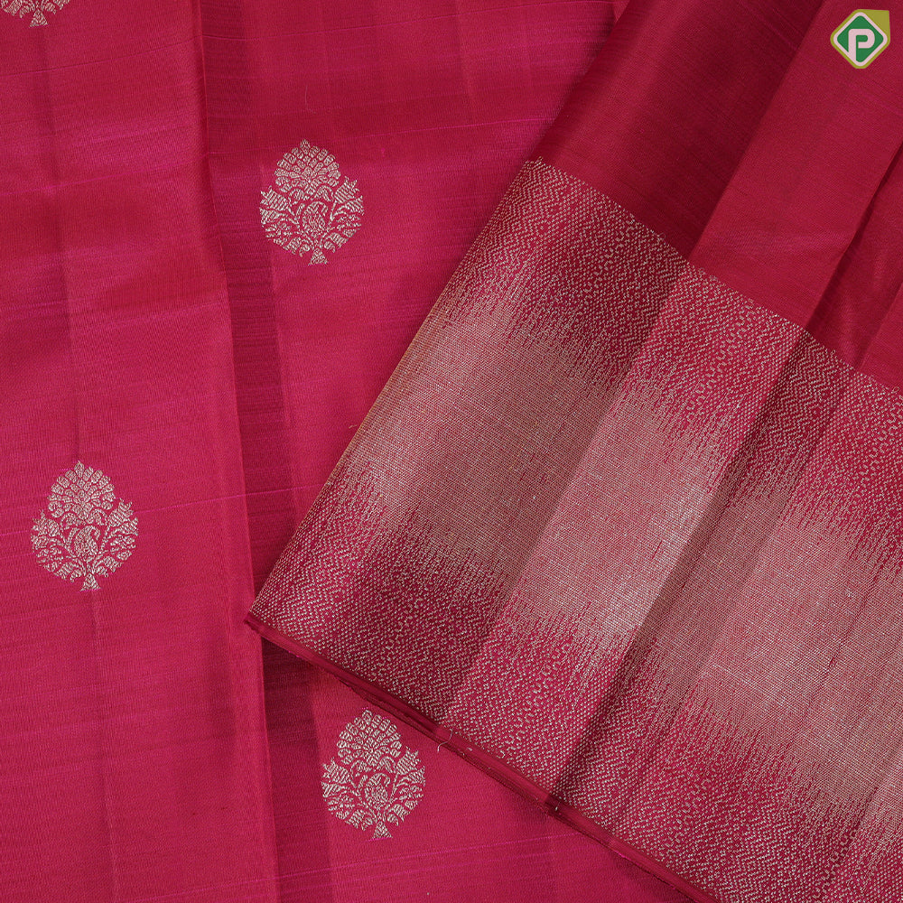 Magenta With Neem Zari Flower Butta Self With Silver Zari Border Traditional Silk Saree