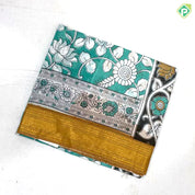 Honey orange multi color kalamkari printed design contrast pink gold zari border fancy cotton saree