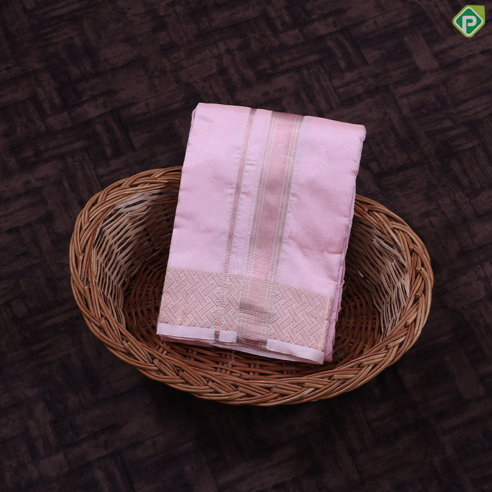 Light Pink Tissue weave Copper Zari Spinning Design Border 8*4 pure Silk Dhoti Vesti