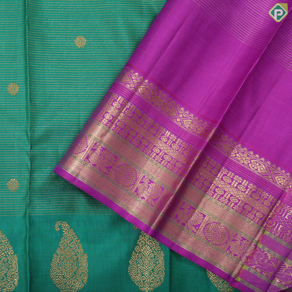 Spanish Green gold vairaoosi rudraksham butta design purple gold zari mango padded border traditional silk saree
