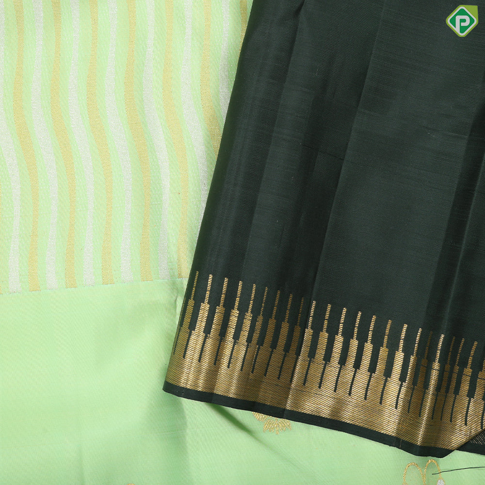 Pista green silver gold zari waves stripes design self gold zari flower tower fancy border trendy silk saree