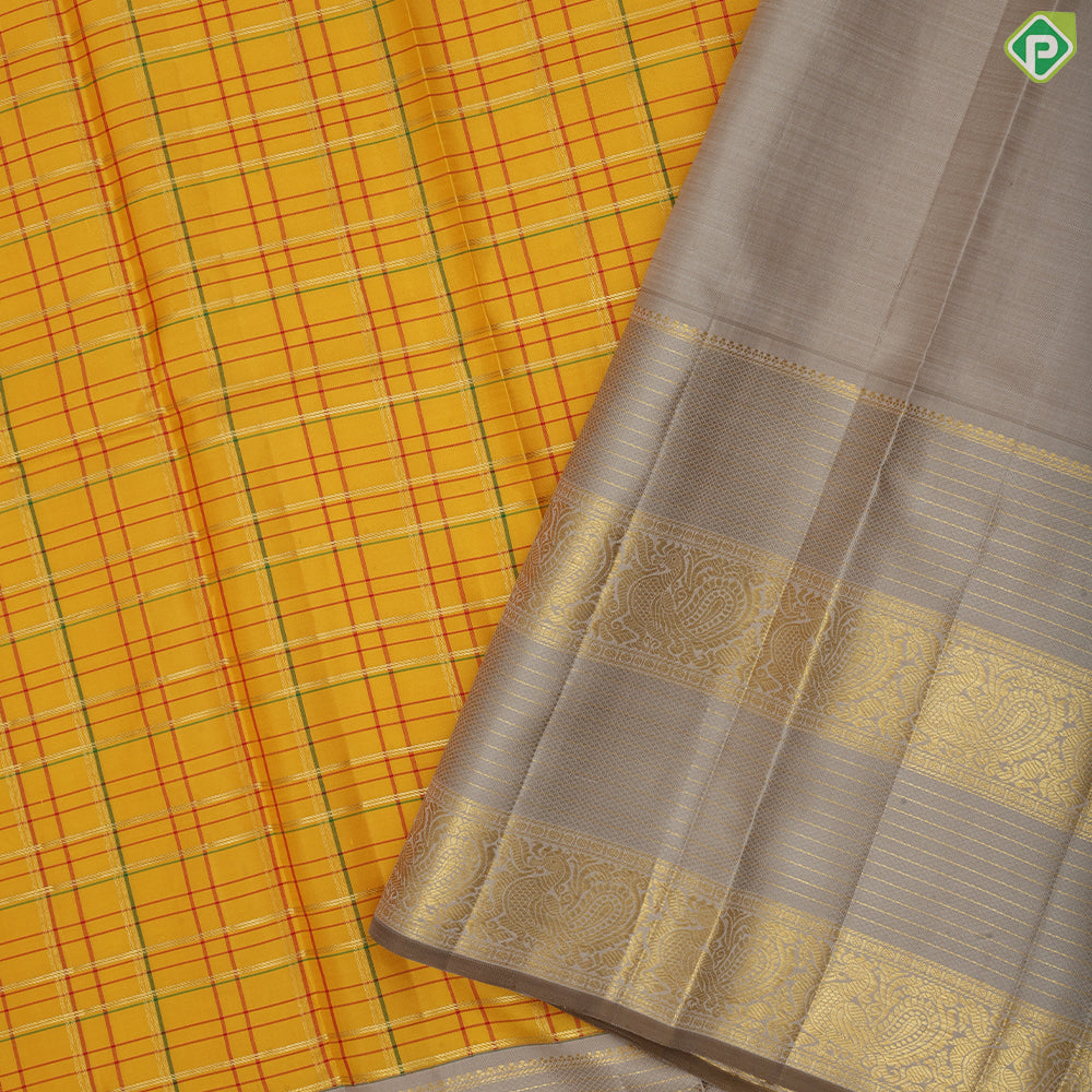 Mustard Yellow Gold Zari Check Design Cream Colour Peacock Border Design Traditional Silk Saree