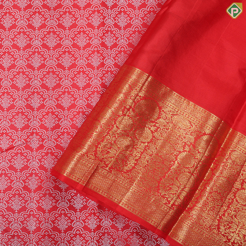 Chilly red white thread work embossed design Rani red with gold zari flower pot border trendy silk saree