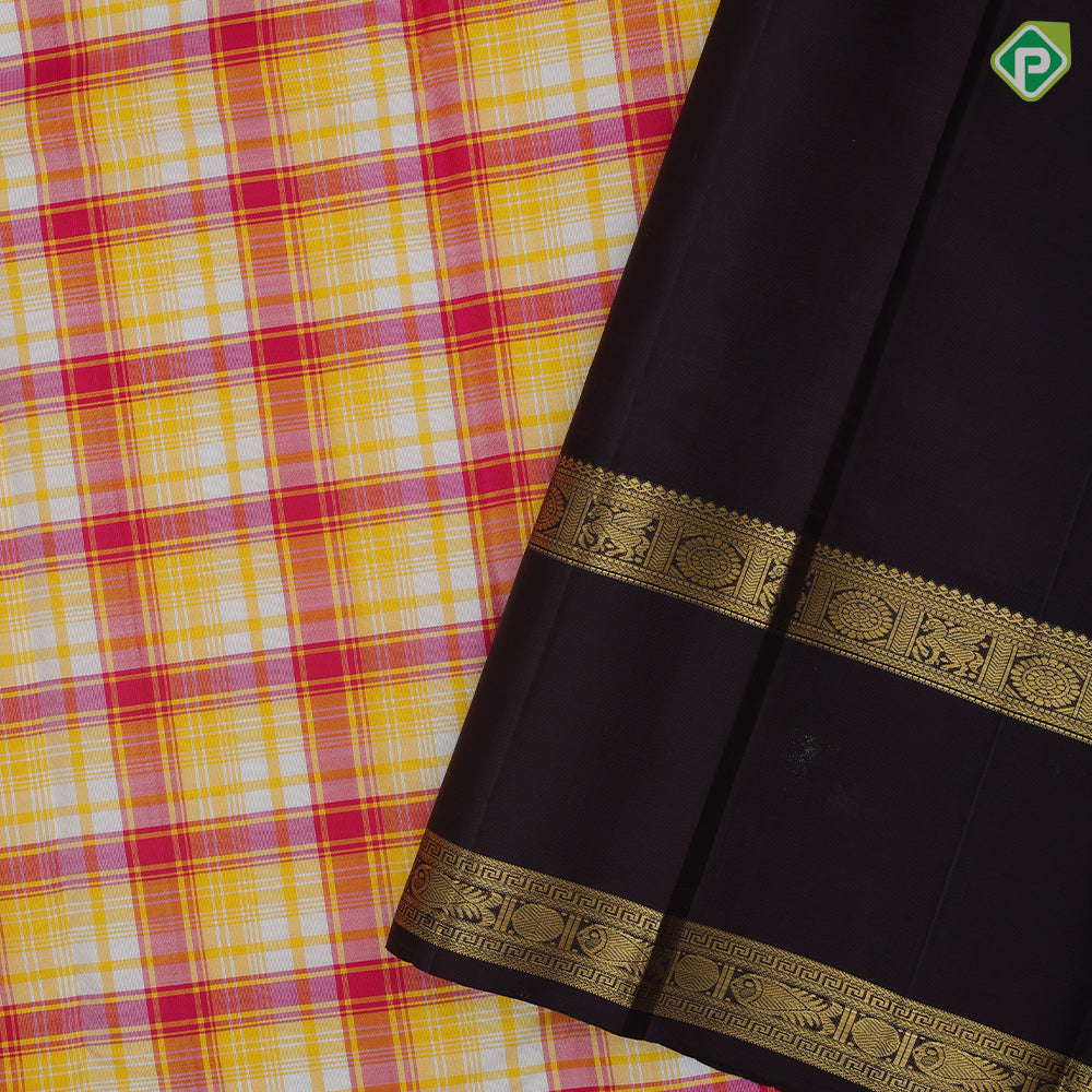 Multi Colour Checks Coffee Brown Hours Chagaram Fish Border Design Traditional Silk Saree