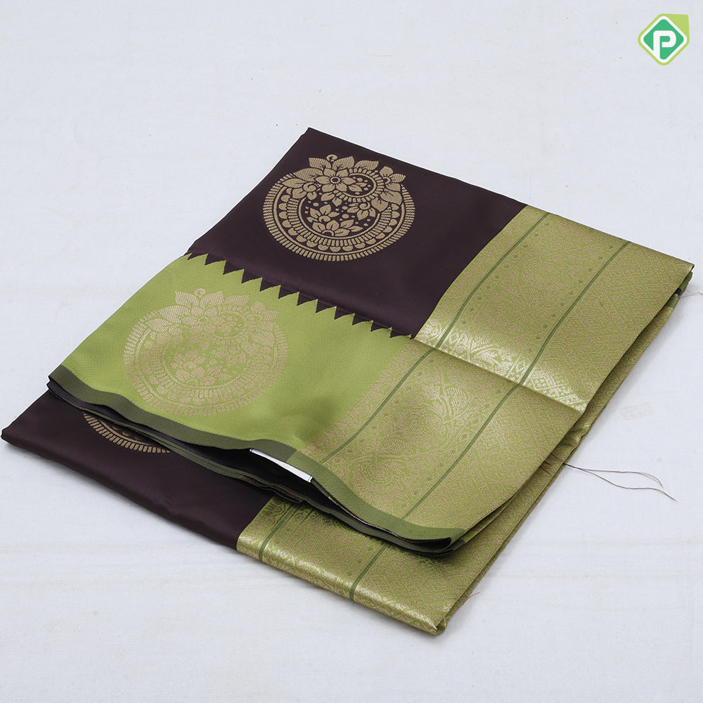 coffee brown gold zari fancy flower round butta contrast zari lines border soft silk saree