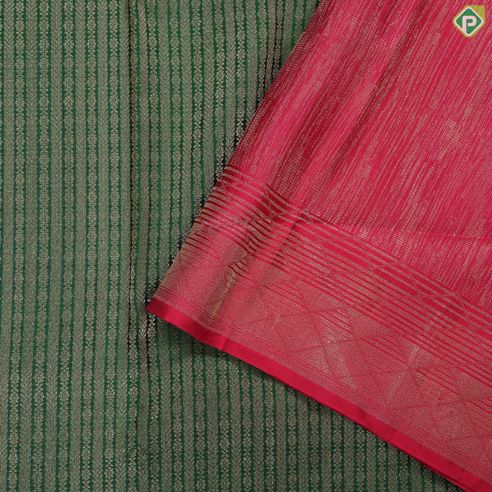 Forest green Gold Zari self designed Stripes design self gold zari red edge border trendy designer silk saree
