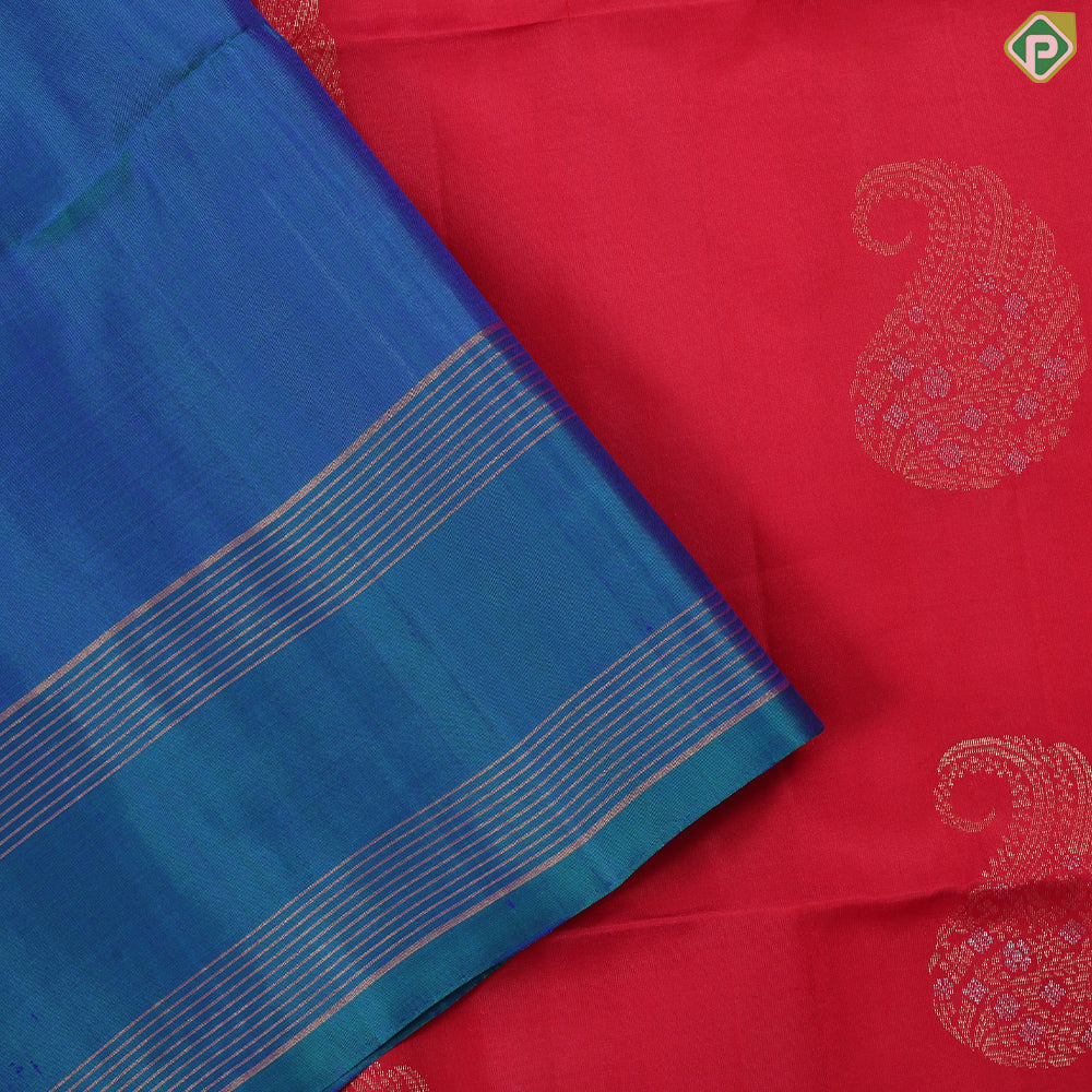 Tomato red silver gold zari mango butta design peacock blue gold zari rettapet border soft silk saree