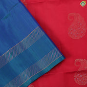 Tomato red silver gold zari mango butta design peacock blue gold zari rettapet border soft silk saree