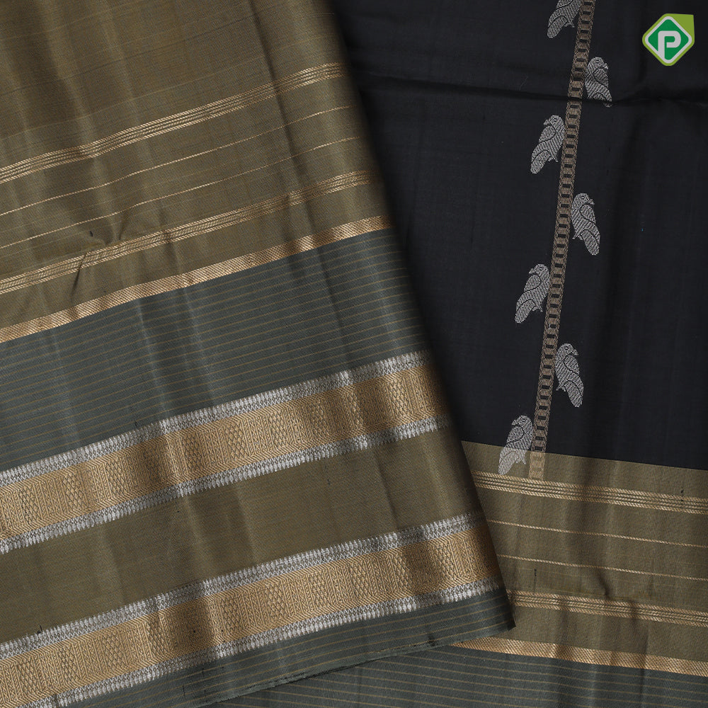 peacock blue silver gold zari bird on ladder design peacock green gold zari lines border soft silk saree