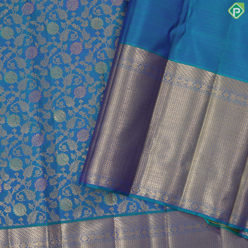 Peacock green gold zari meena work grand floral design self gold zari Stripes border grand bridal silk saree