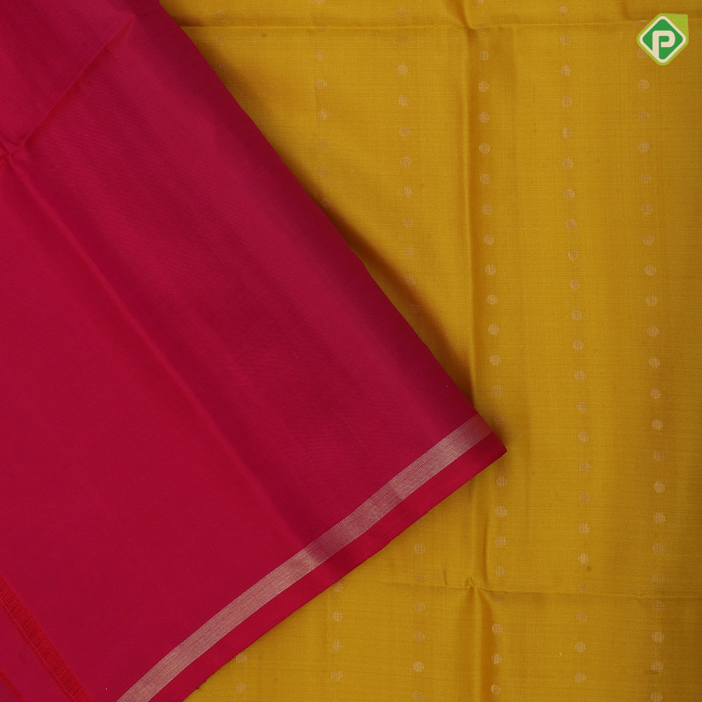 Mustard yellow gold zari dots lines self gold zari line border contrast pink gold zari dot pallu soft silk saree