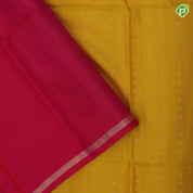 Mustard yellow gold zari dots lines self gold zari line border contrast pink gold zari dot pallu soft silk saree