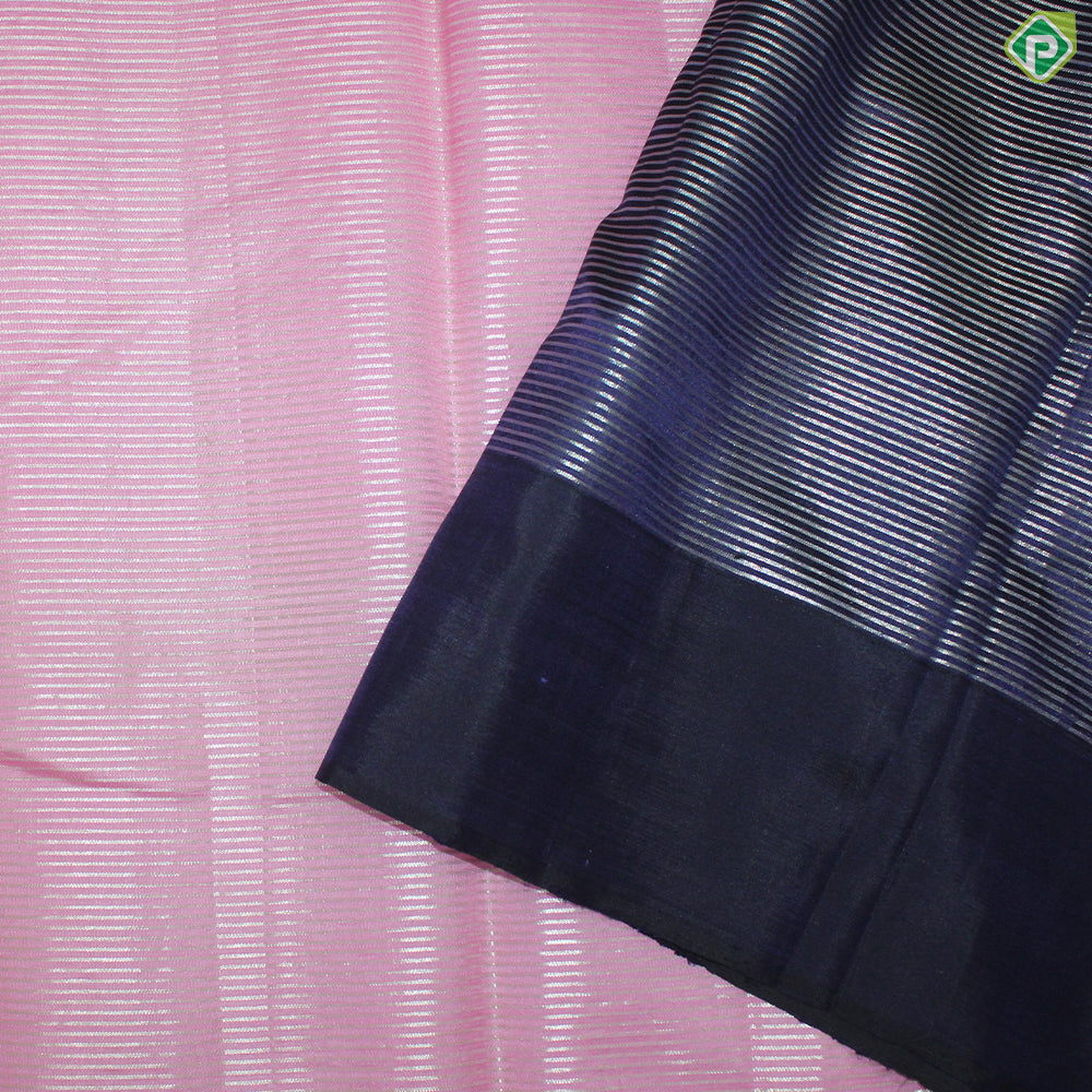 Baby Pink Silver Zari Velthari Lines Contrast Grape Brown Gold Zari Border Traditional Silk Saree