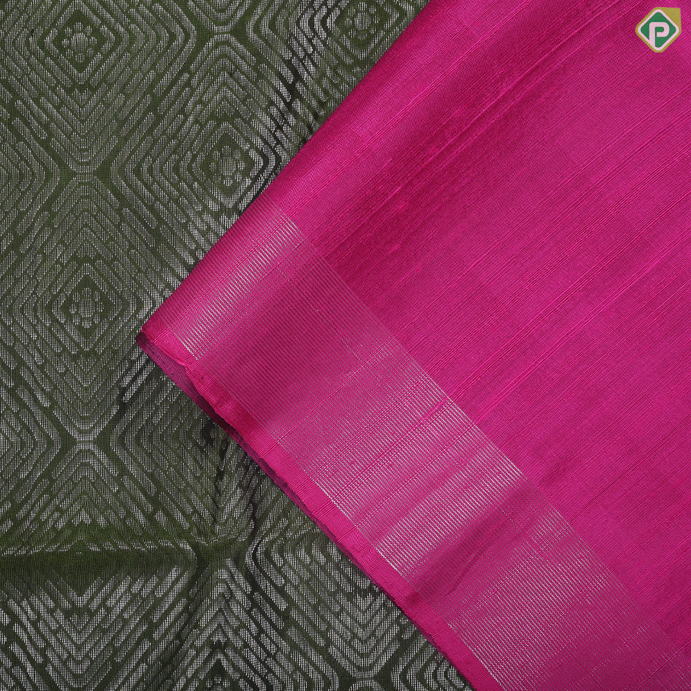 Pickle green silver zari big squares design self pink edge border soft silk saree