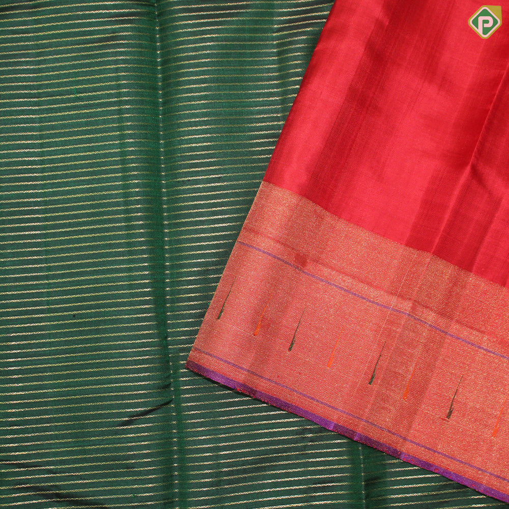 Bottle Green Gold Zari Lines With Red Color Border Traditional Silk Saree