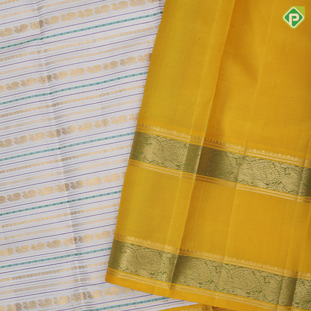 Cream white gold zari butta lines and silk thread lines dark yellow meena work rettapet border traditional silk saree