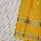 Cream white gold zari butta lines and silk thread lines dark yellow meena work rettapet border traditional silk saree