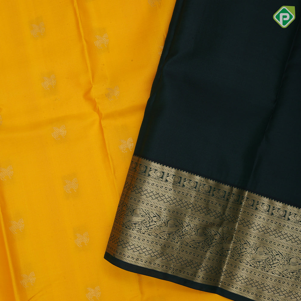 Mango yellow gold zari flying Kamdhenu butta olive green gold zari multi design line border traditional silk saree