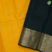 Mango yellow gold zari flying Kamdhenu butta olive green gold zari multi design line border traditional silk saree