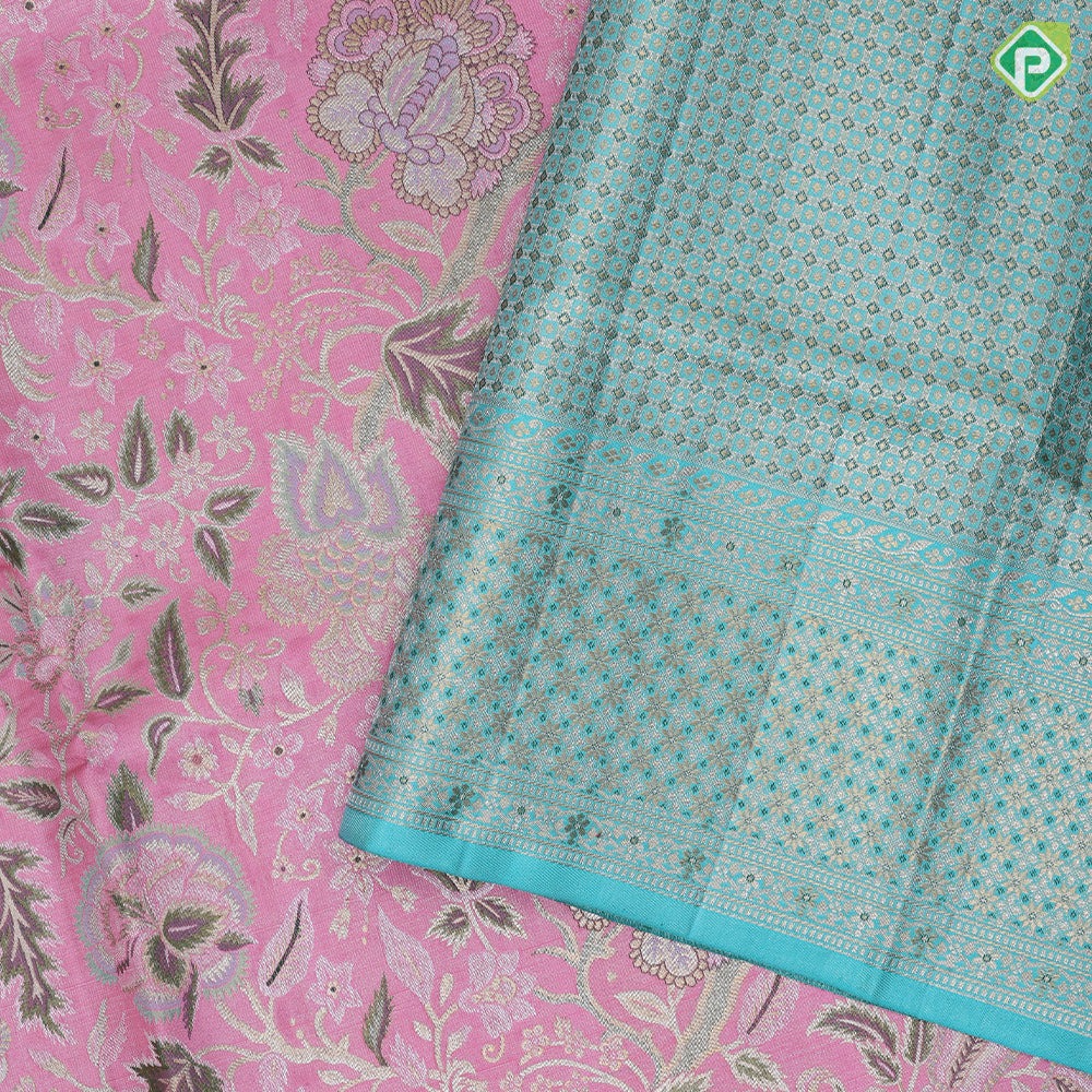 Flamingo pink multi color zari grand floral meena work rexona green rich border Exclusive grand bridal silk saree