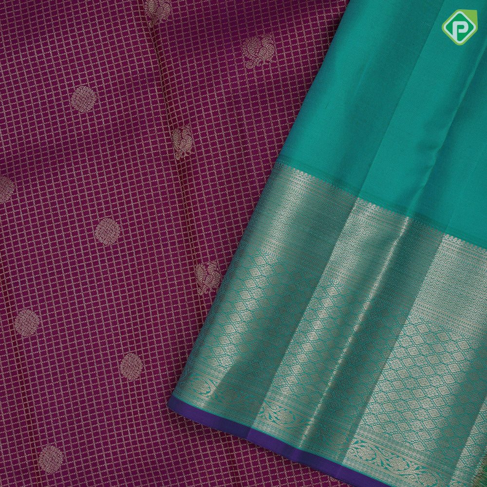 Purple Gold Zari Small Checks Peacock Chagaram Design Rama Green Mayilkan Floral Border Design Traditional Silk Saree