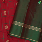 Chilly red silk thread padded gold zari stripe checks bottle green gold zari peacock border traditional silk saree