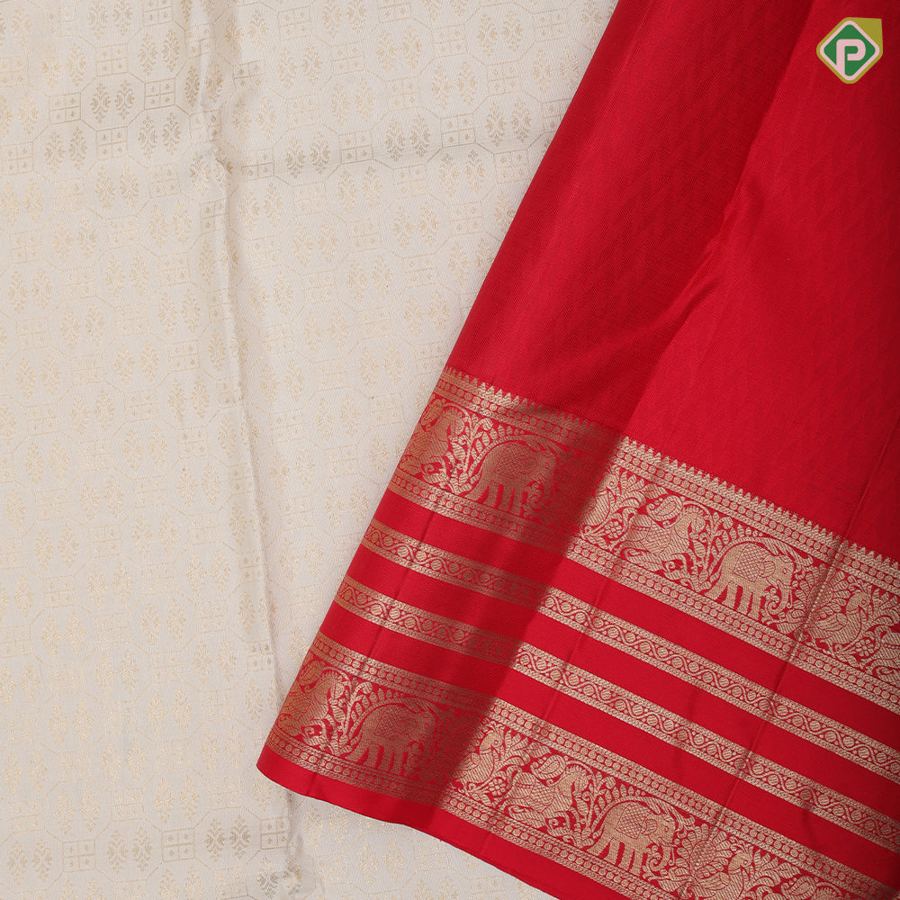 White gold zari geomatical full body design contrast red gold zari peacock annam butta lines border grand bridal silk saree