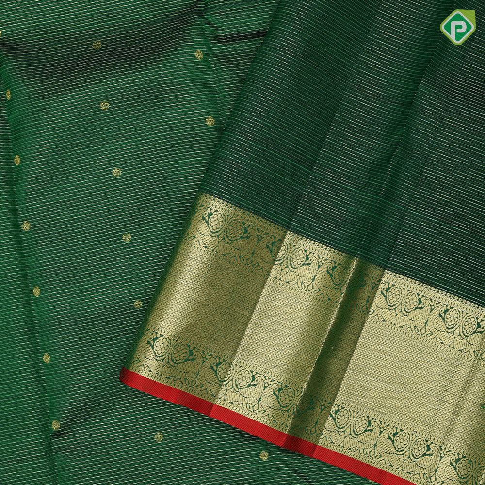 Bottle Green Gold Zari Vairaoosi Small Flower Butta Self Colour Peacock Border Design Traditional Silk Saree