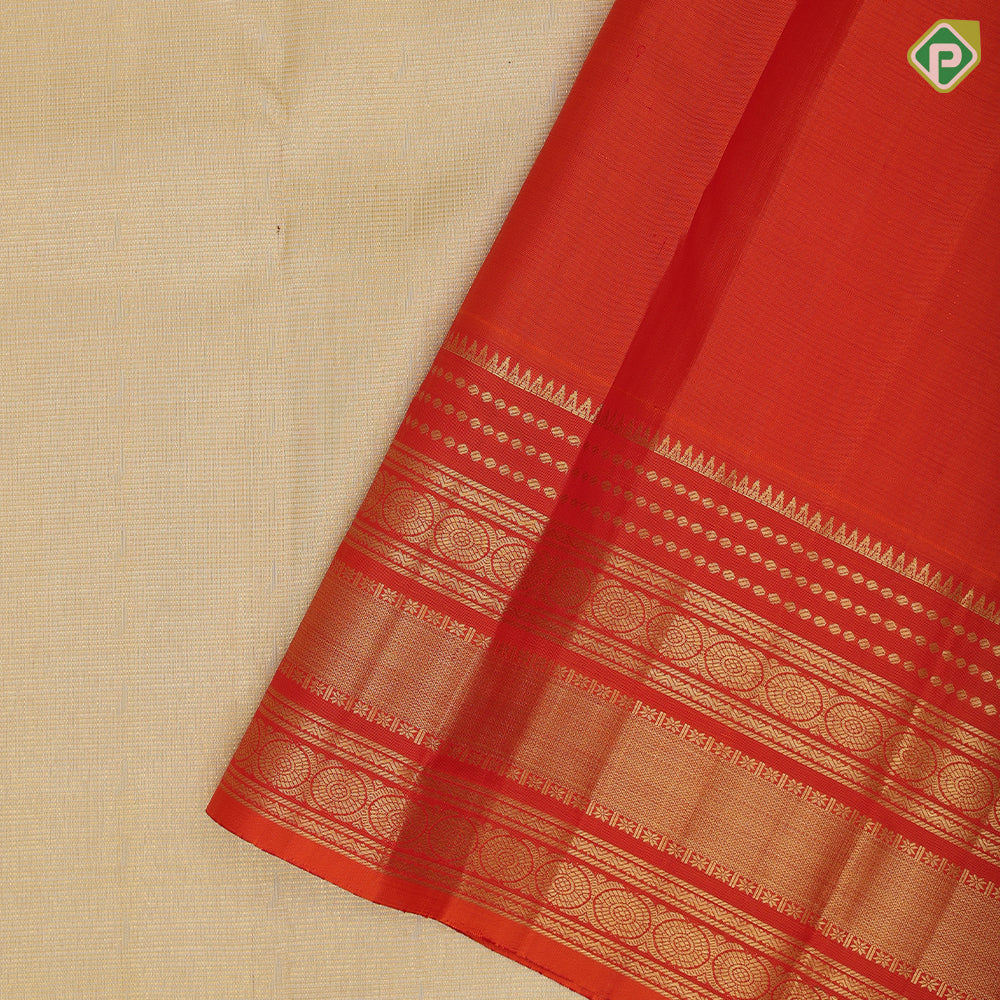 creamy gold gold zari fancy tissue temple design orangish red gold zari multi lines border traditional vintage silk saree